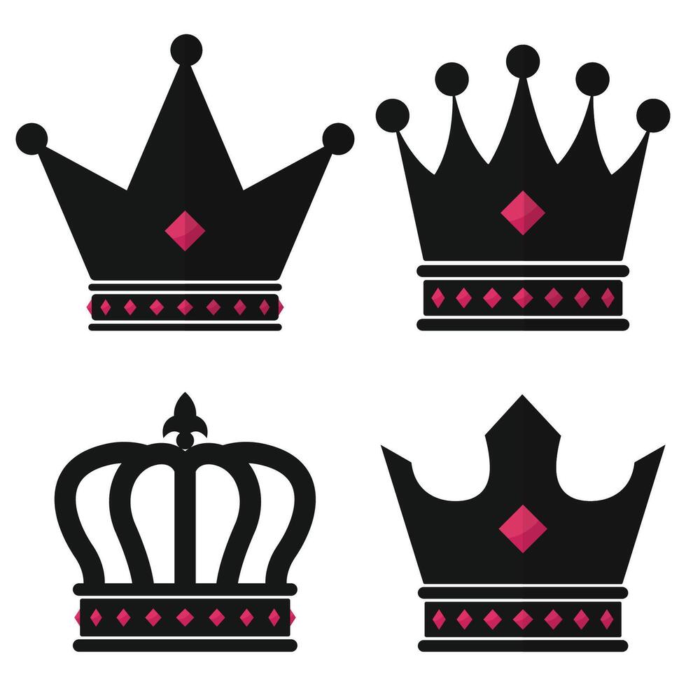 Black crown flat icon set isolated on white background. vector