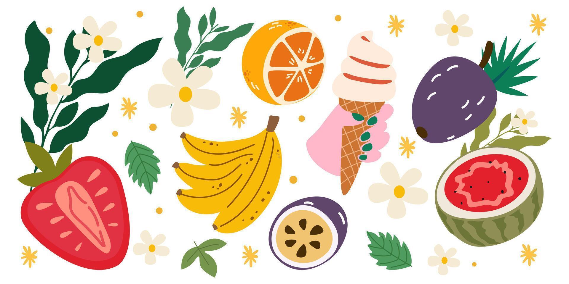 Cartoon summer stickers in retro style. Summer fruits, flowers, orange, watermelon, bananas, passion fruit, strawberries. Bright groovy elements. Trendy doodle labels, patches, stamps vector