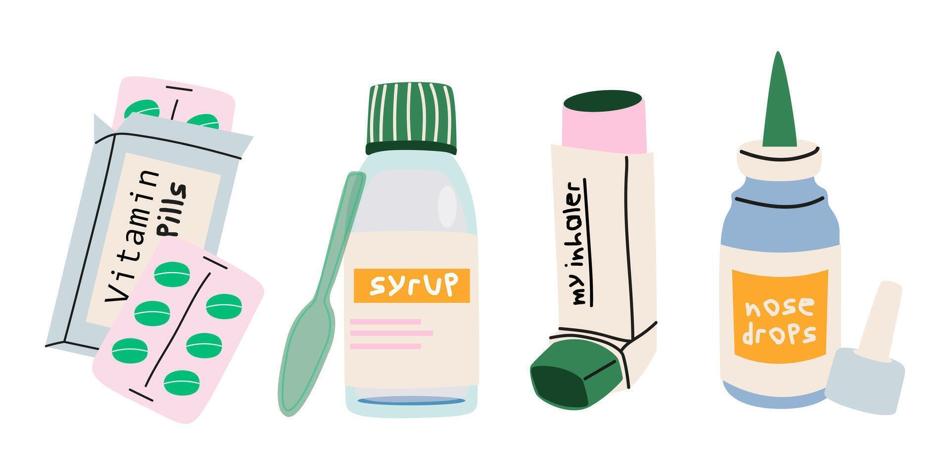 Nose drops, cough syrup, inhaler, vitamins. Medicines for illness and colds. Groovy illustrations vector