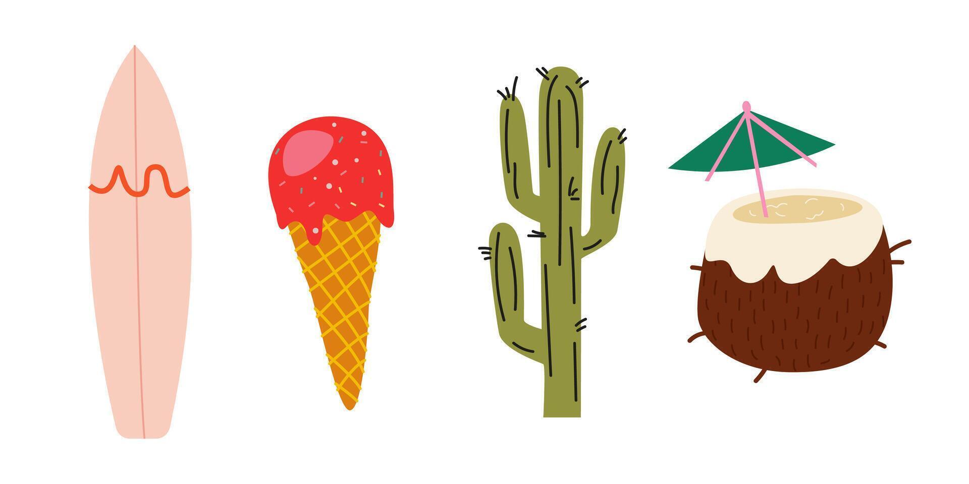Cartoon summer stickers in retro 90s style. Bright groovy summer beach season elements. patches, labels, stamps. Surfboard, ice cream, cactus, coconut cocktail vector
