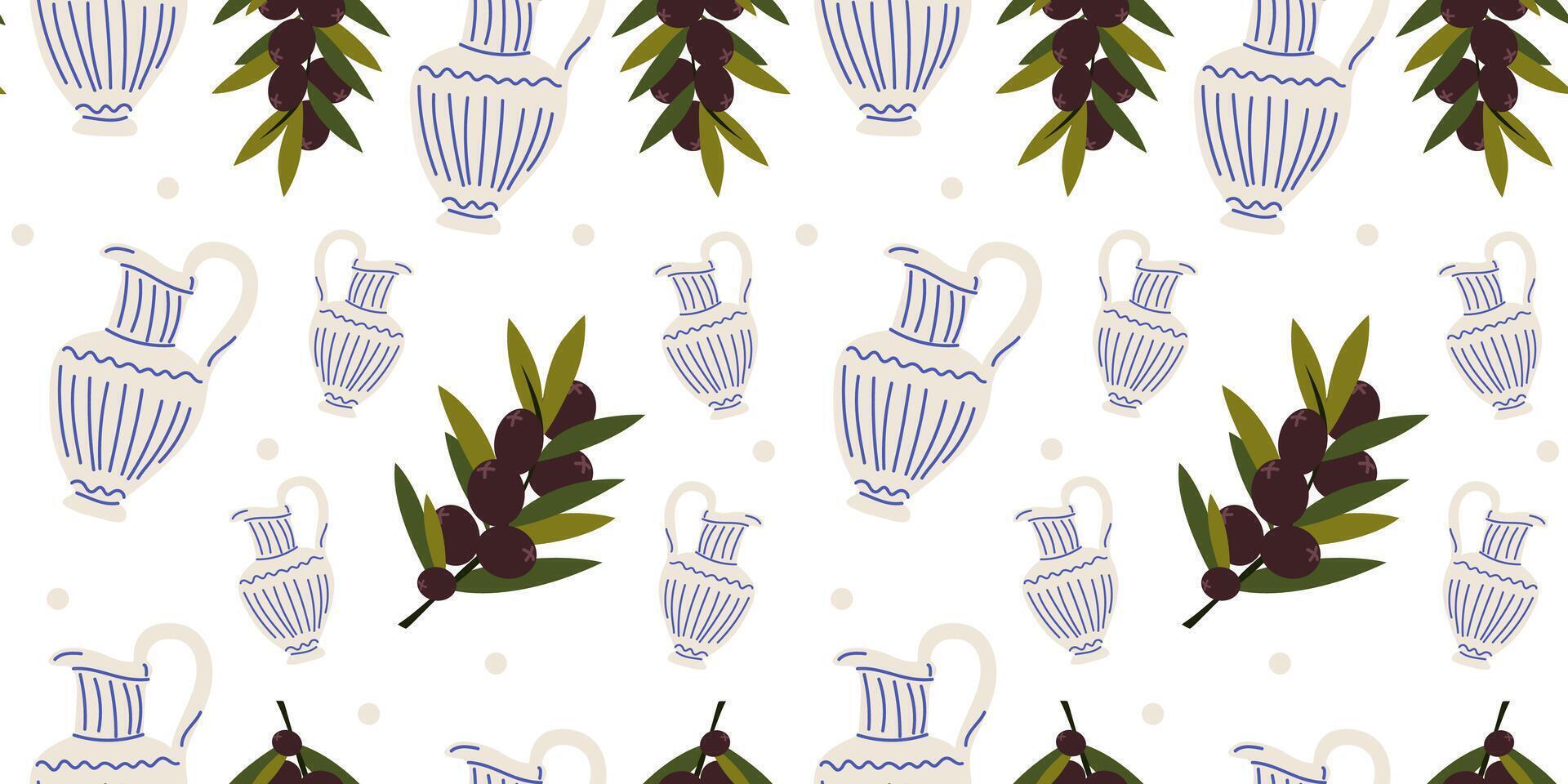Mediterranean seamless pattern with vintage greek ancient vase and olive branch. Abstract greek pattern for print, textile, wallpaper, interior graphic decoration, fabric vector