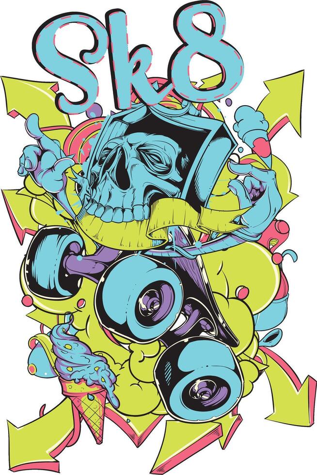 Skull Skateboard Graphic Tee Art Edgy Streetwear Design Illustration vector