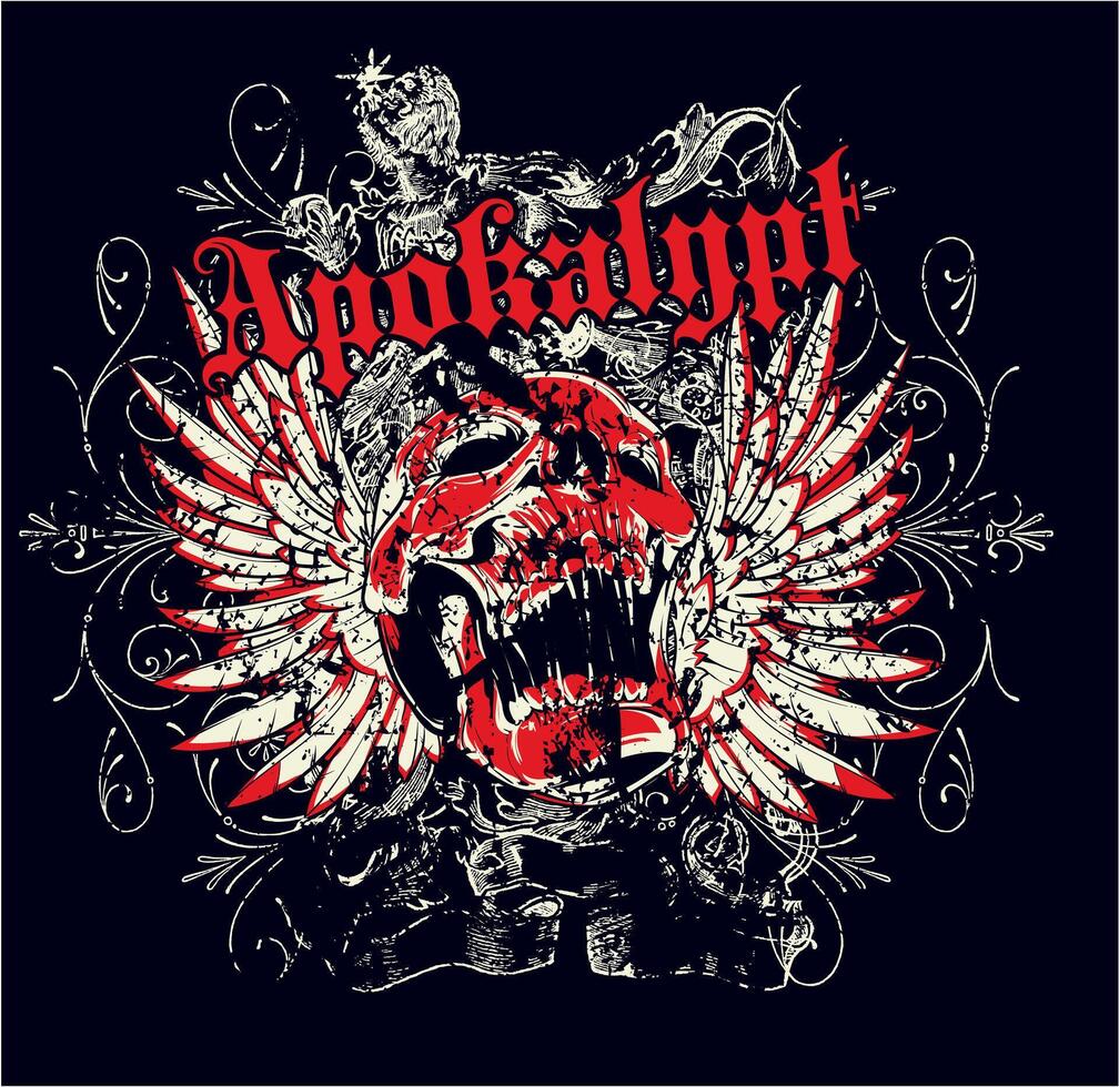Apocalyptic Skull Graphic Tee Art, Edgy Dark T-Shirt Design, Vintage Horror Illustration vector
