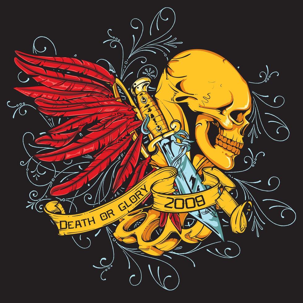 Vintage Skull Graphic Tee Art Retro 2009 Death or Glory Rock T-Shirt Design Illustration vector
