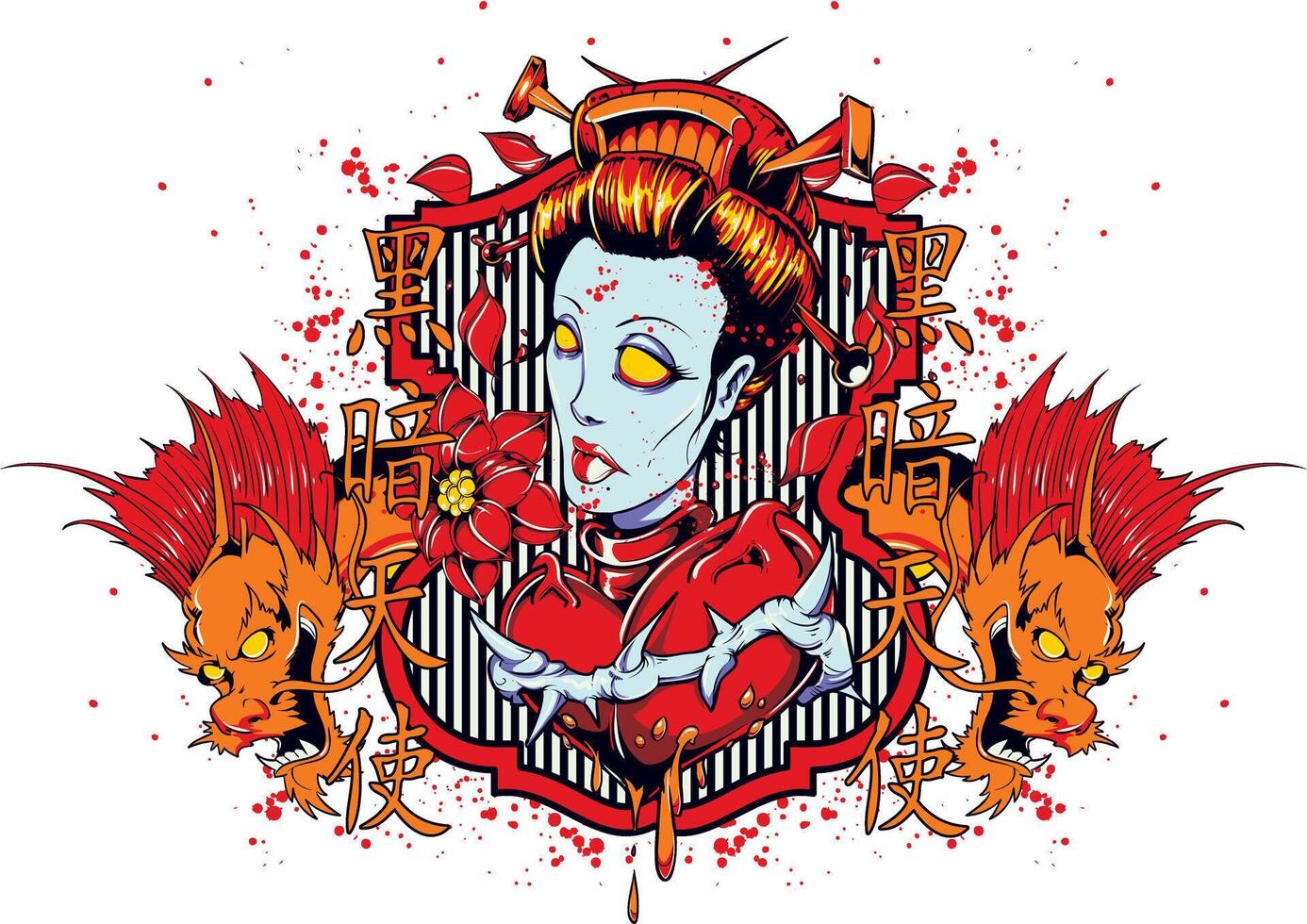 Retro Japanese Zombie Woman Vintage T-Shirt Graphic Art Illustration vector