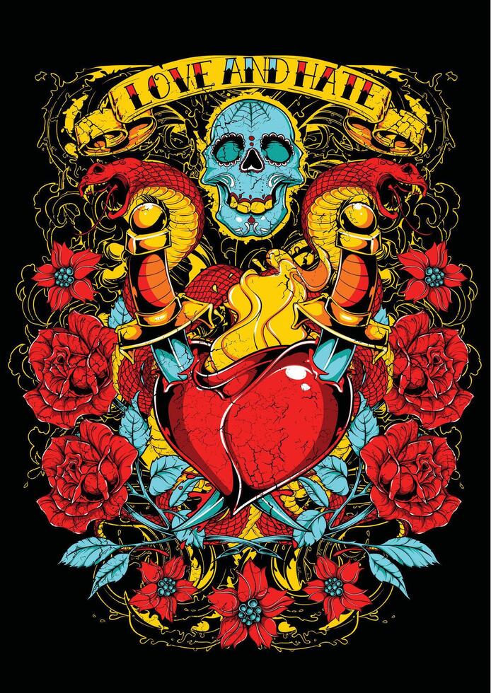 Vintage Love Hate Skull Graphic Tee Art Retro Rock Style T-Shirt Print Design vector