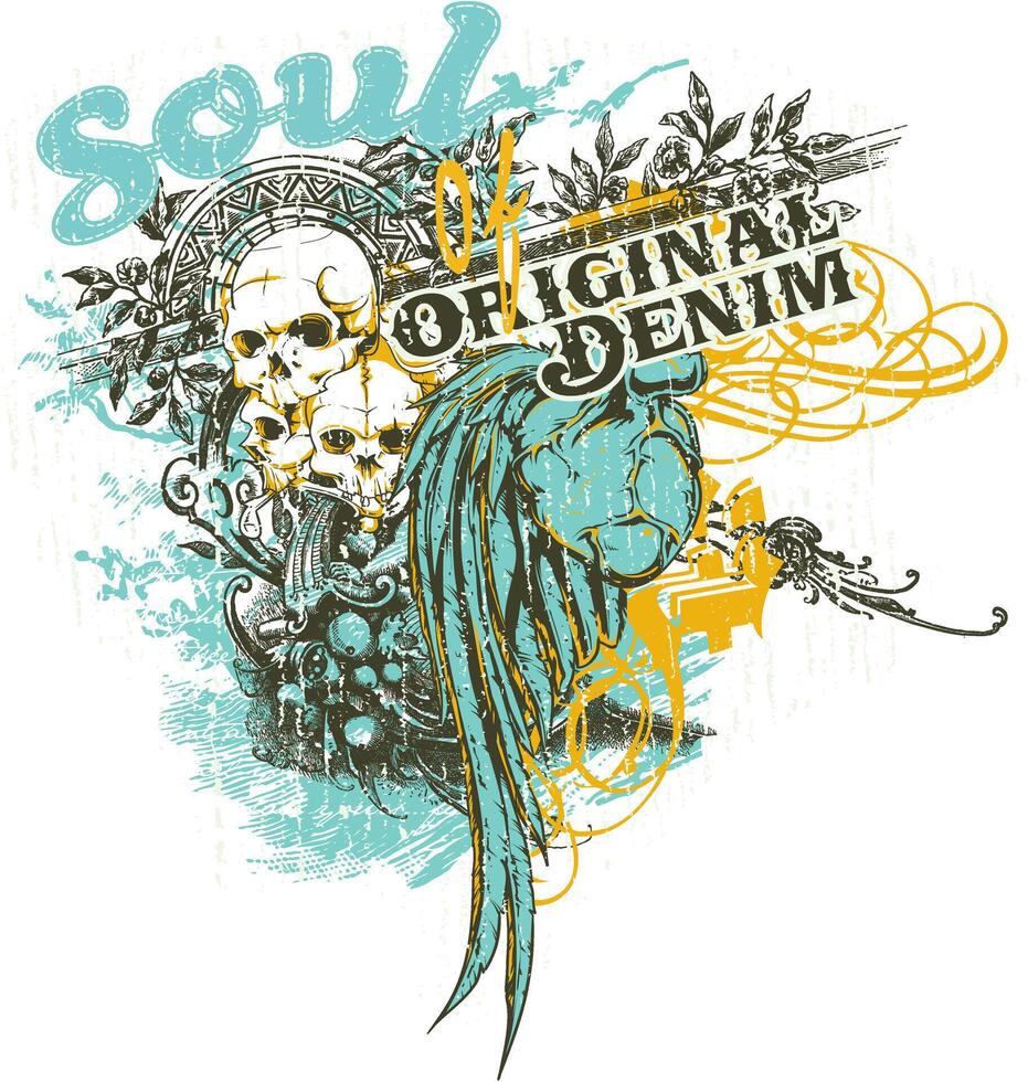 Soul Skull Vintage Denim T-Shirt Graphic Retro Rock Art Illustration vector