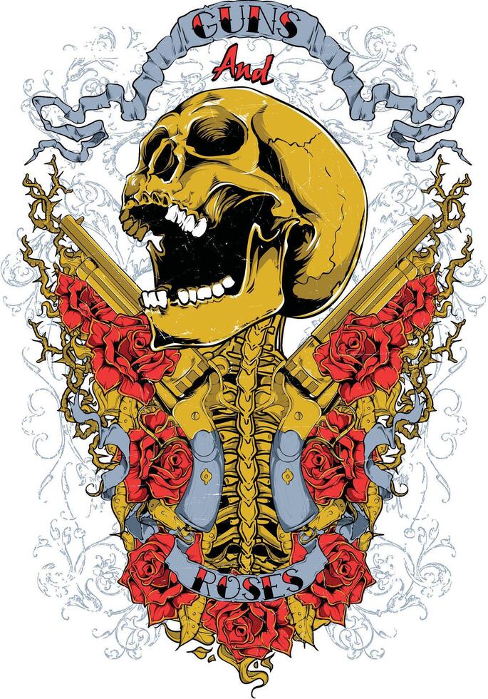 Vintage Skull and Revolver Retro Graphic Tee Design Art vector