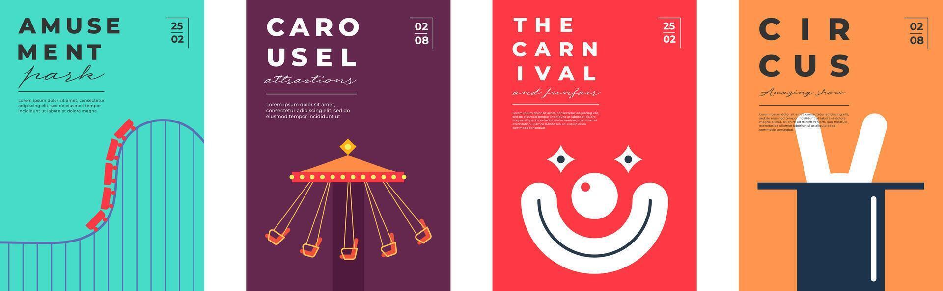 Colorful amusement park poster with ferris wheel, roller coaster, carousel and clown silhouettes. Funfair and circus theme. Flat design for flyer, invitation or carnival celebration. vector