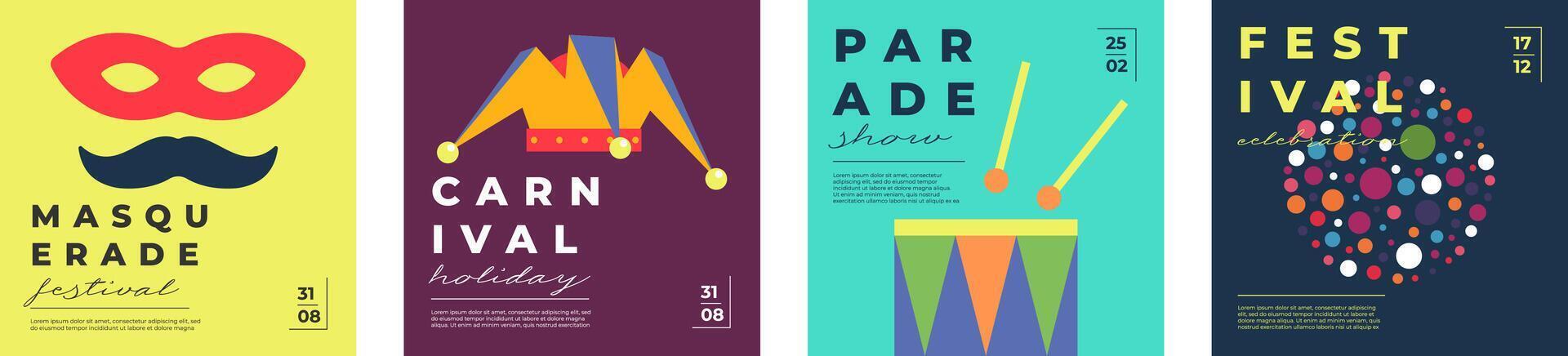Festive carnival and masquerade square banner set. Flat design with fairground icons, parade, fireworks and colorful masks. Perfect for summer party, amusement event or cultural celebration. vector