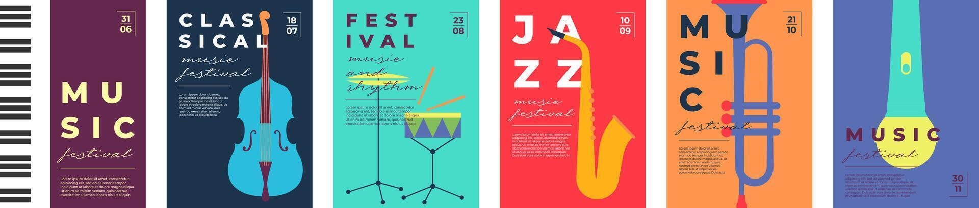 Jazz and classical music festival poster set. Musical instruments saxophone, trumpet and piano. Minimal colorful flat prints. Summer classic concerts, party flyers or festive event invitations. vector