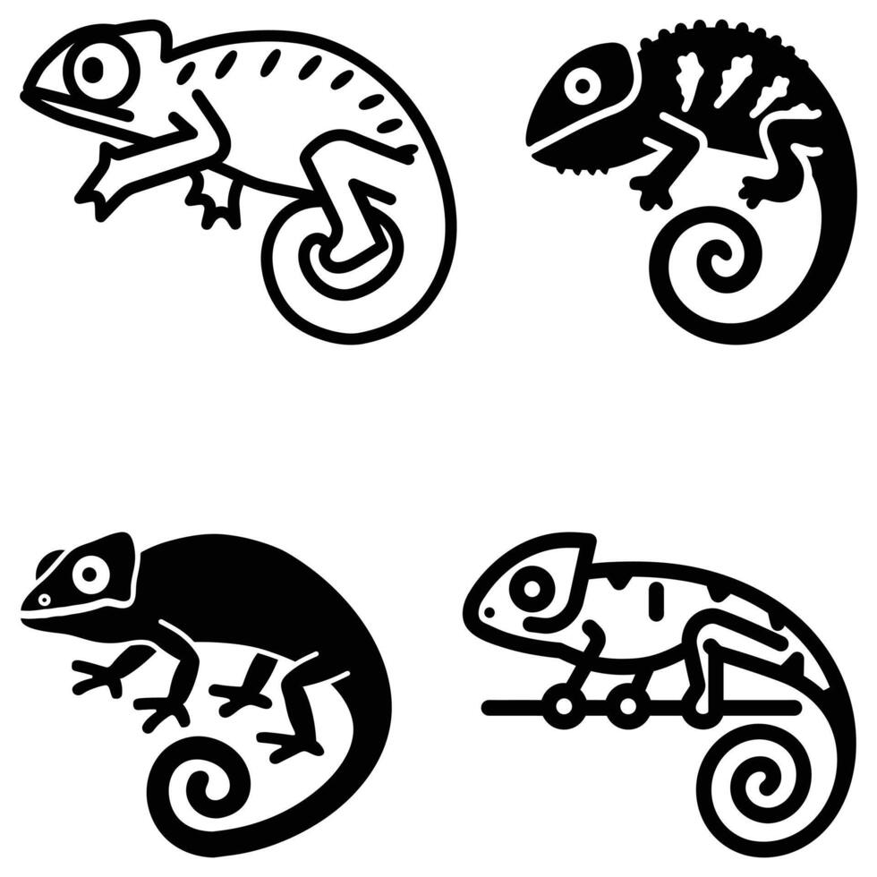 Four chameleon black line art icons with curled tails appear on a white transparent background vector