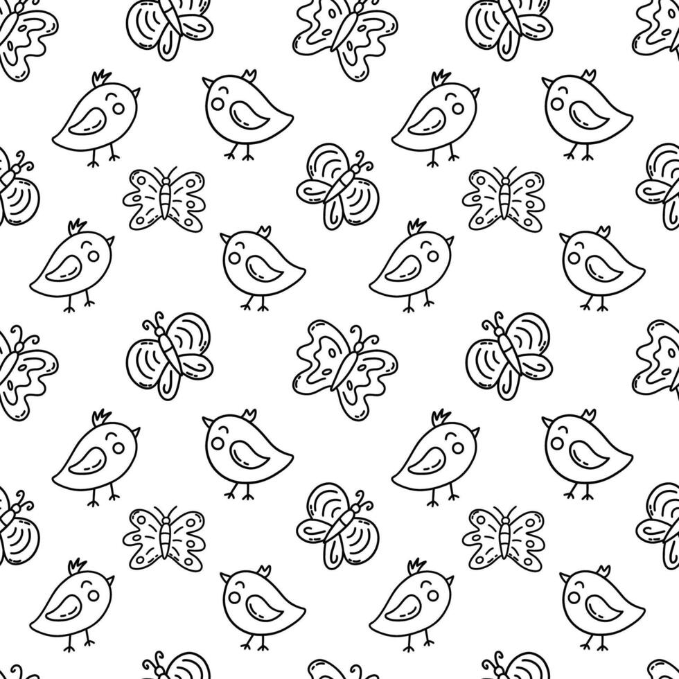Seamless pattern with butterflies and birds. doodle vector