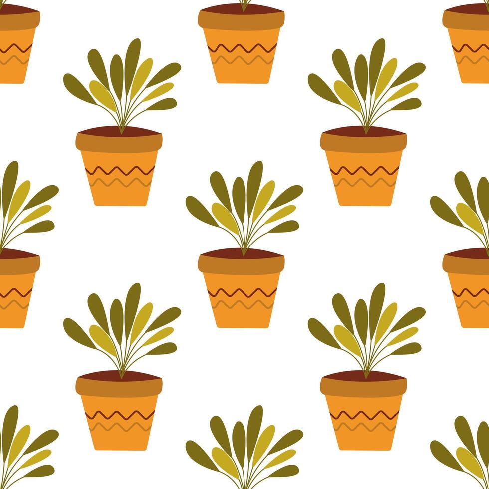 Seamless pattern. Potted plant, leafy flower. hand drawn vector