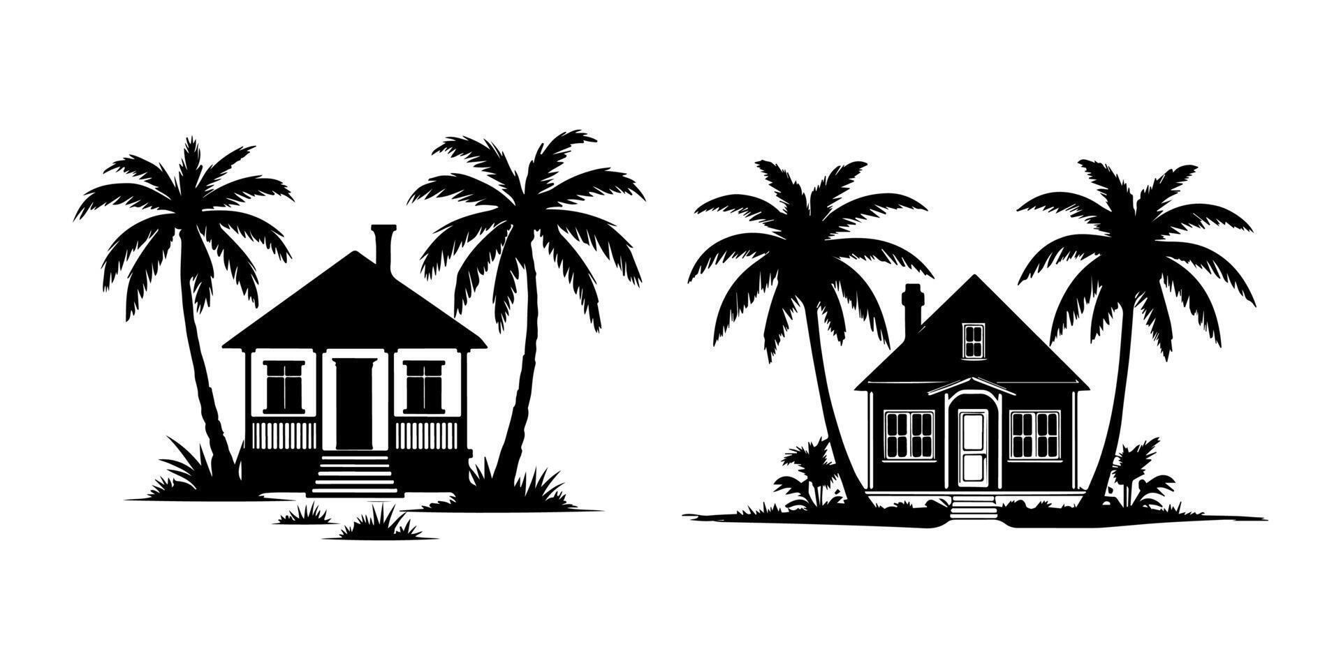 Simple Tropical House Scene with Palm Tree Silhouette Design vector