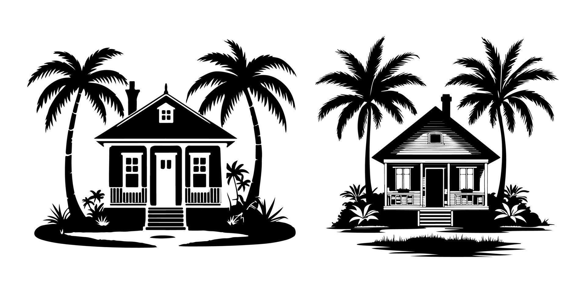Beach House Silhouette with Palm Trees and Sunset Background vector