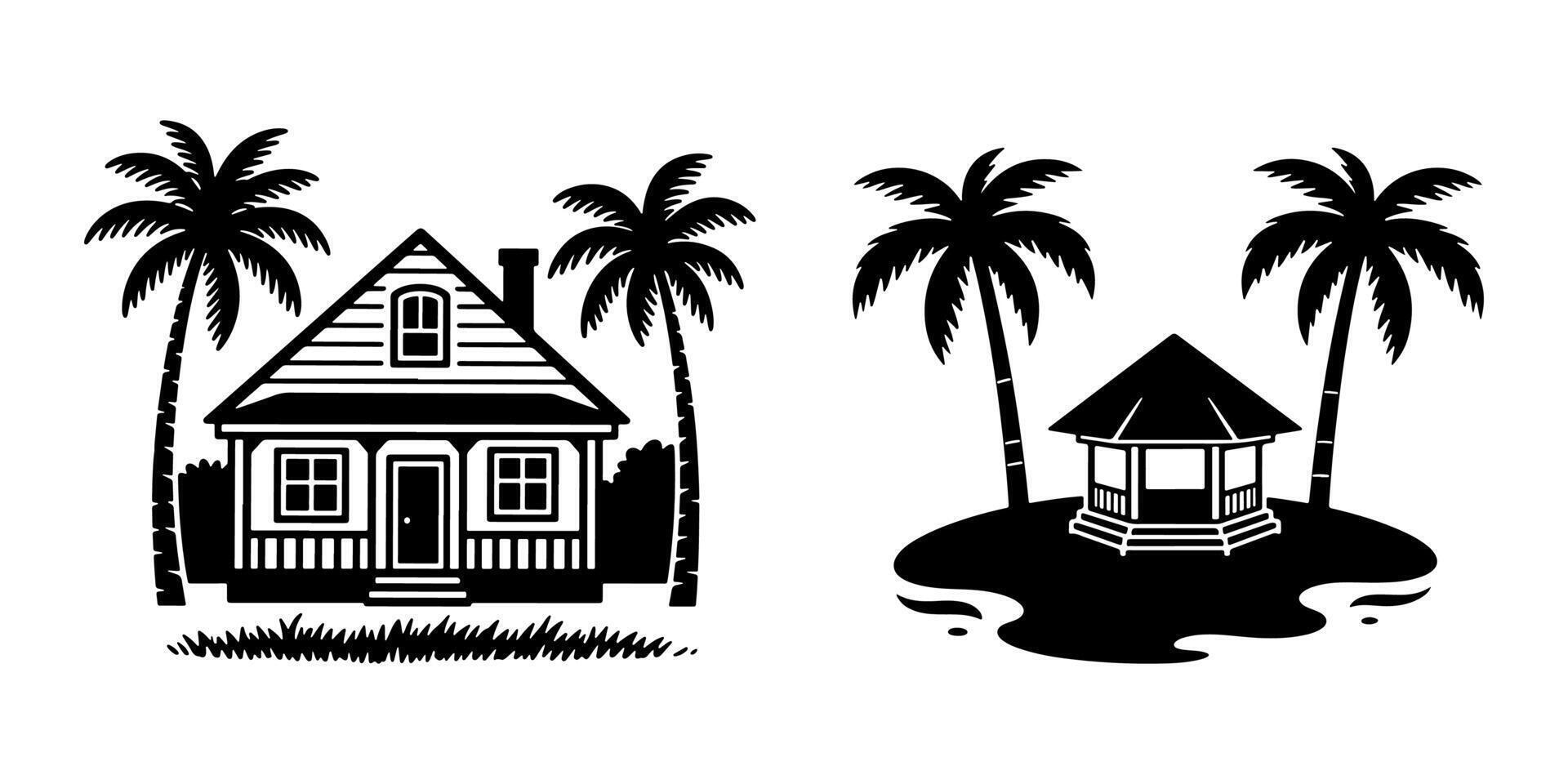 Silhouetted Tropical Cottage and Palm Trees for Summer Theme vector