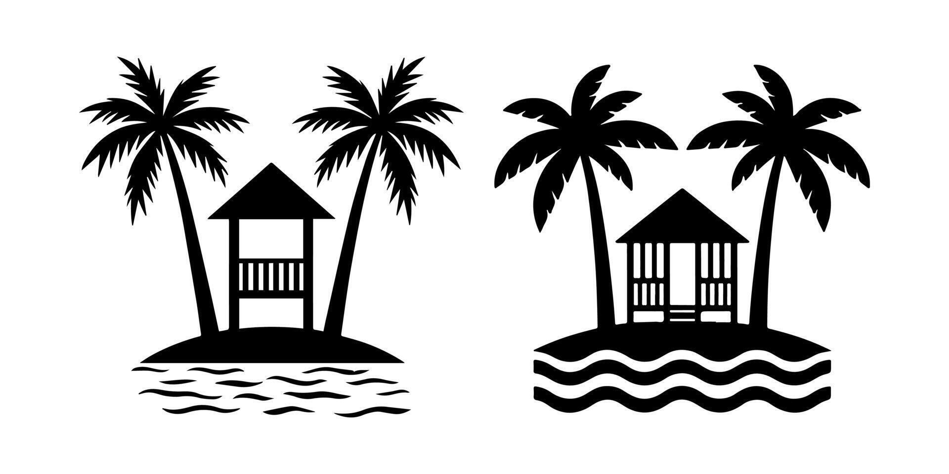 Simple Tropical House Scene with Palm Tree Silhouette Design. vector