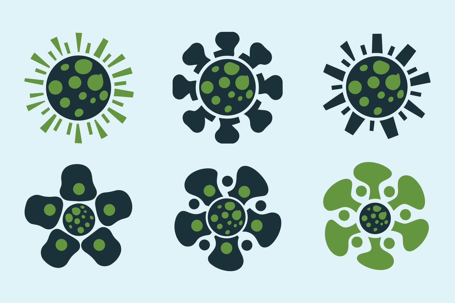 Six abstract viral cell silhouettes in green and dark blue vector