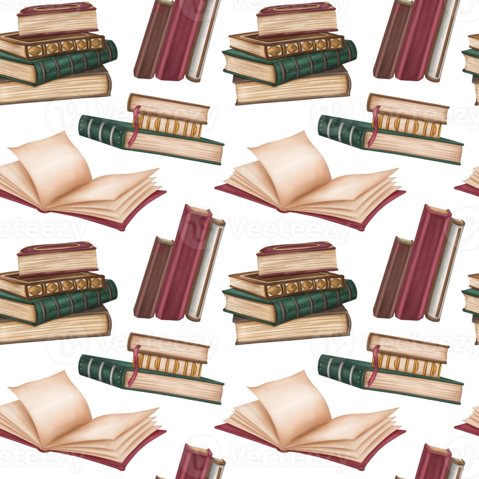 Seamless pattern with antique hardcover books decorated with metal and ornaments. Stacks of books, open empty diary, notebook. Old magic schools, education. Victorian style, information and education png