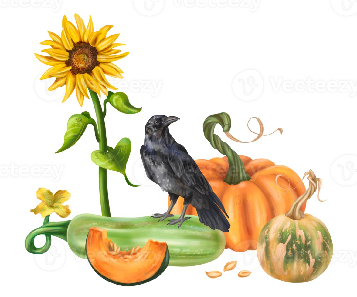 Autumn garden composition with pumpkin harvest, black raven, squash and sunflower. Healthy seasonal vegetables. Backyard decor, farm fields, garden. Autumn festival, Halloween. Isolated illustration png