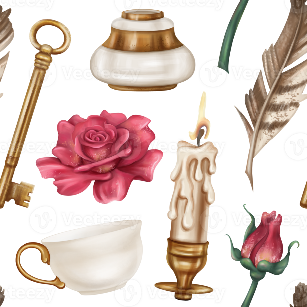 Seamless pattern with retro inkwell and writing pen, teacup, red roses, gold candle holder, key. Royal atmosphere, Gothic. Old vintage decorations in classic style. Office supplies, postcard design png