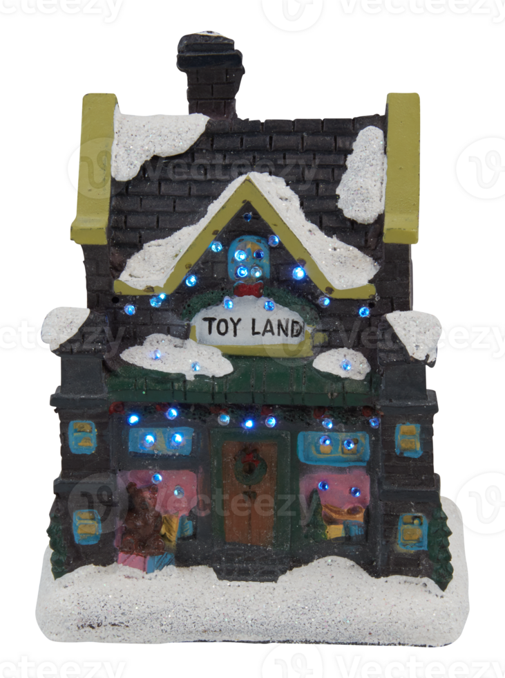Cement castle house with snow Christmas decorations with flashing lights toy cut out isolated transparent background png