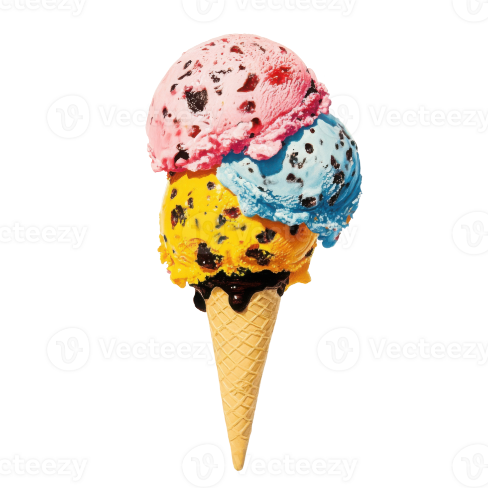 Ice cream scoops melting on a cone with transparent background png