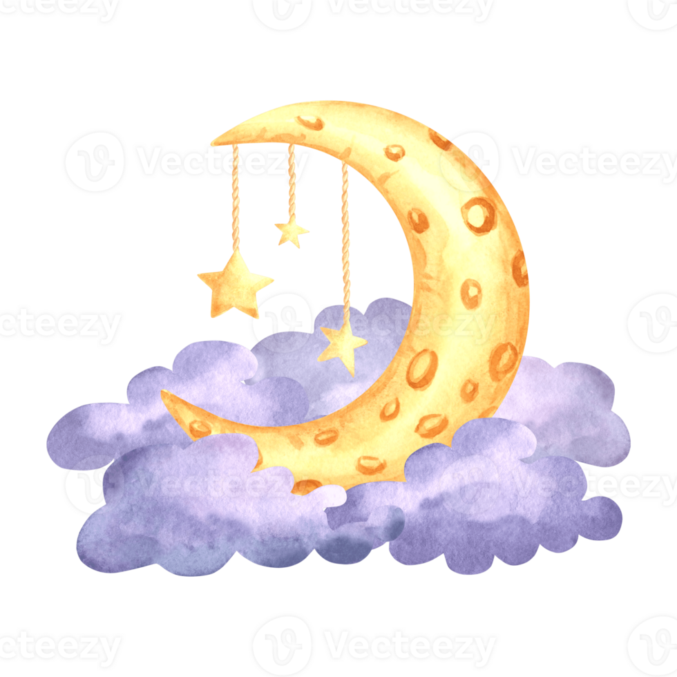 Yellow crescent moon in night clouds watercolor isolated illustration for kids design. Cute hand drawn selestial luna. Decoration element for nursery or baby textile. Clipart of fairy dreams. png
