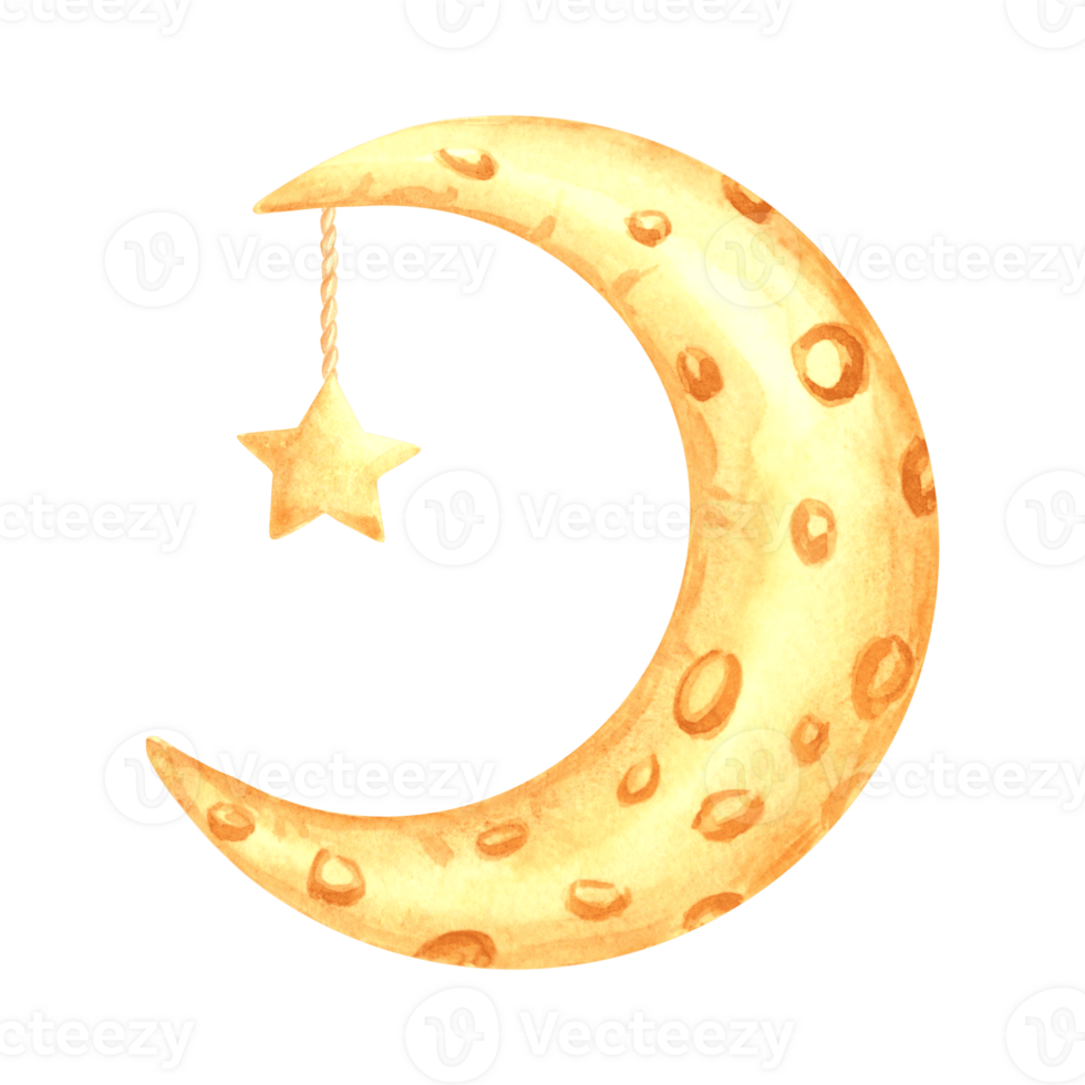 Yellow crescent moon with star watercolor isolated illustration for kids design. Cute hand drawn selestial luna and shiny sparkle. Decoration for nursery or baby textile. Clipart of fairy dreams theme png