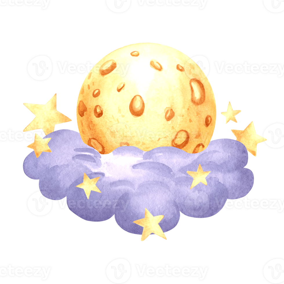 Yellow full moon in night cloud and stars watercolor isolated illustration for kids design. Cute hand drawn selestial rund luna. Decoration element for nursery or baby textile. Clipart of fairy dreams png