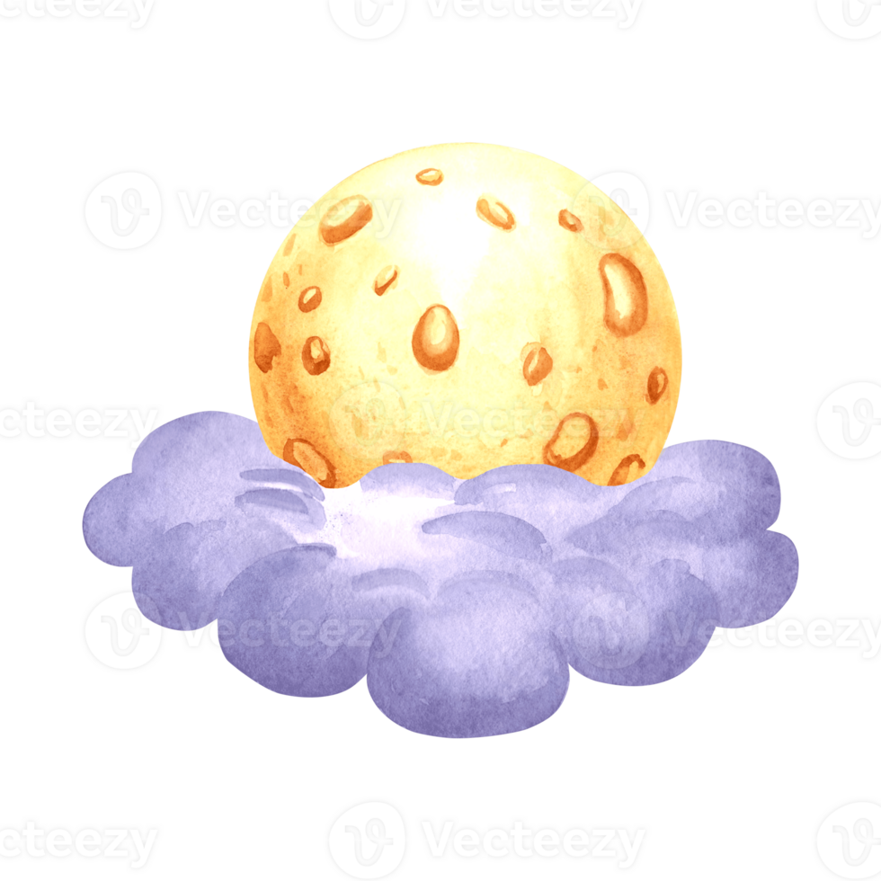 Yellow full moon in soft night clouds watercolor isolated illustration for kids design. Cute hand drawn selestial satellite. Decoration element for nursery or baby textile. Clipart of fairy dreams. png