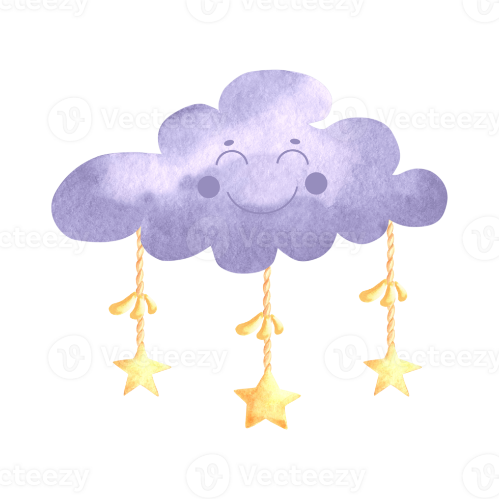 Cute purple cloud with hunging little stars watercolor illustration for baby desing. Funny smiling celestial character hand drawn isolated clipart. Sticker in playful kids style for nursery decoration png