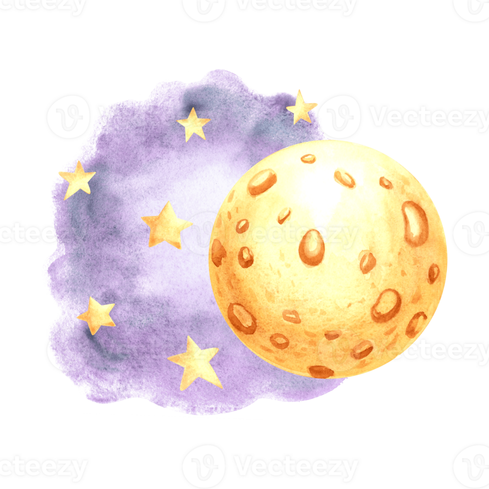 Yellow full moon and stars in night sky watercolor isolated illustration for kids design. Cute hand drawn selestial round luna. Decoration element for nursery or baby textile. Clipart of fairy dream. png