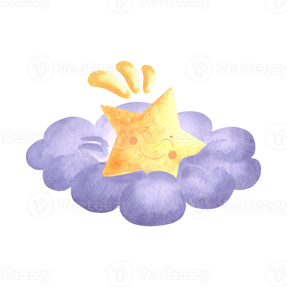 Cute little star on purple cloud watercolor illustration for baby desing. Funny smiling character in star shape hand drawn isolated print. Sticker in playful kids fairy dreams style for nursery decor. png