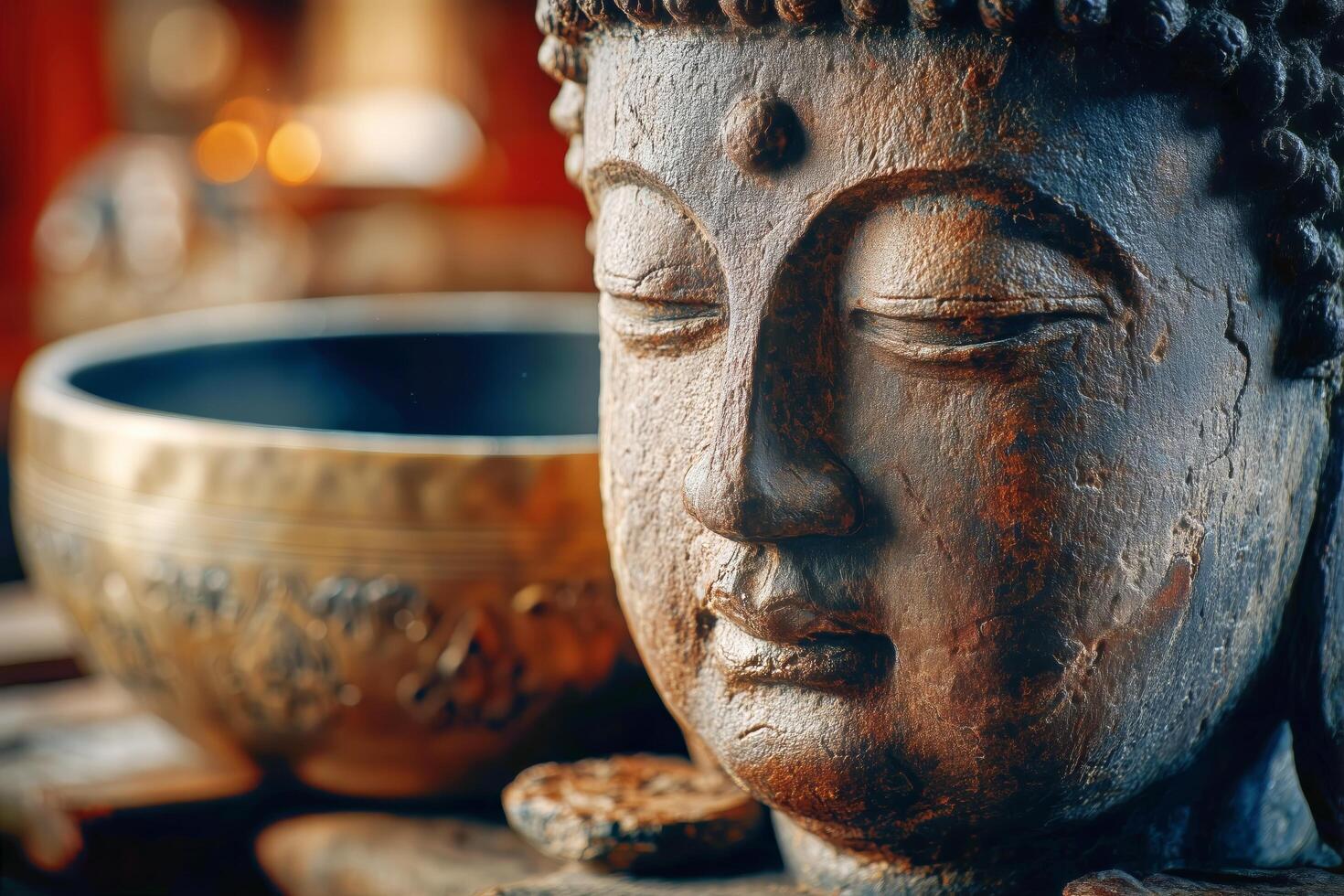 A buddha statue sits next to a bowl photo