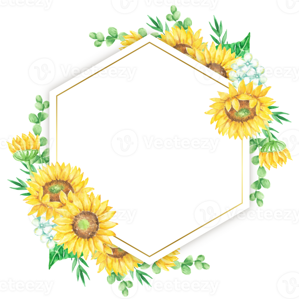 Watercolor Sunflower and Greenery Hexagon Frame Floral Border Blank Space Invitation Design png