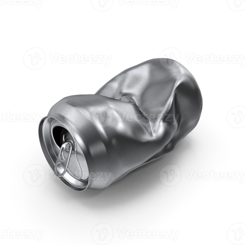 Two aluminum crushed cans for beverage. Still-life picture of some metallic containers isolated on Transparent background. png