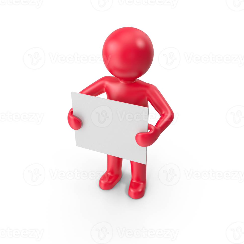A simple white 3D figure, holds a blank white sign in front of their face. png