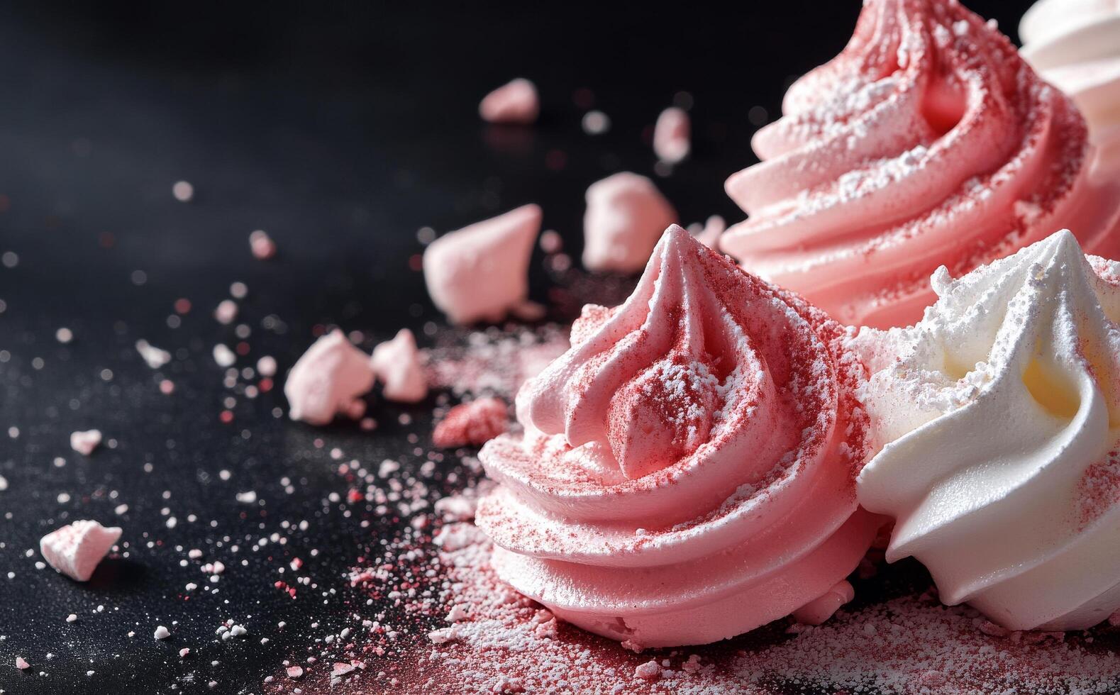 Pink and white meringue with crushed sugar on a black background photo