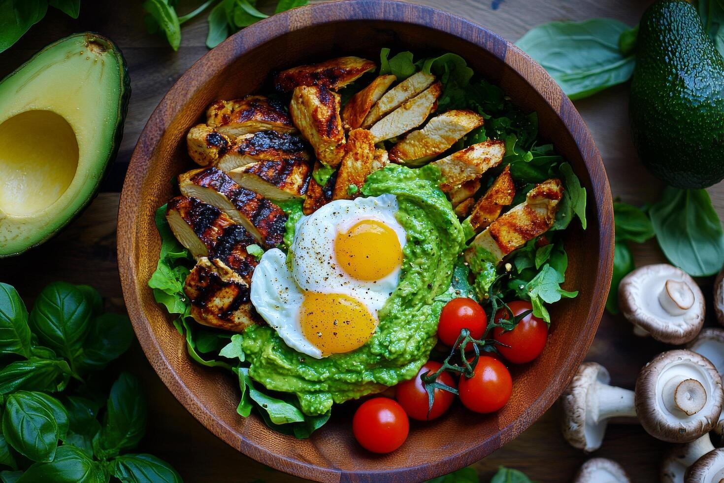 A bowl of food with avocado, chicken, tomatoes and eggs photo