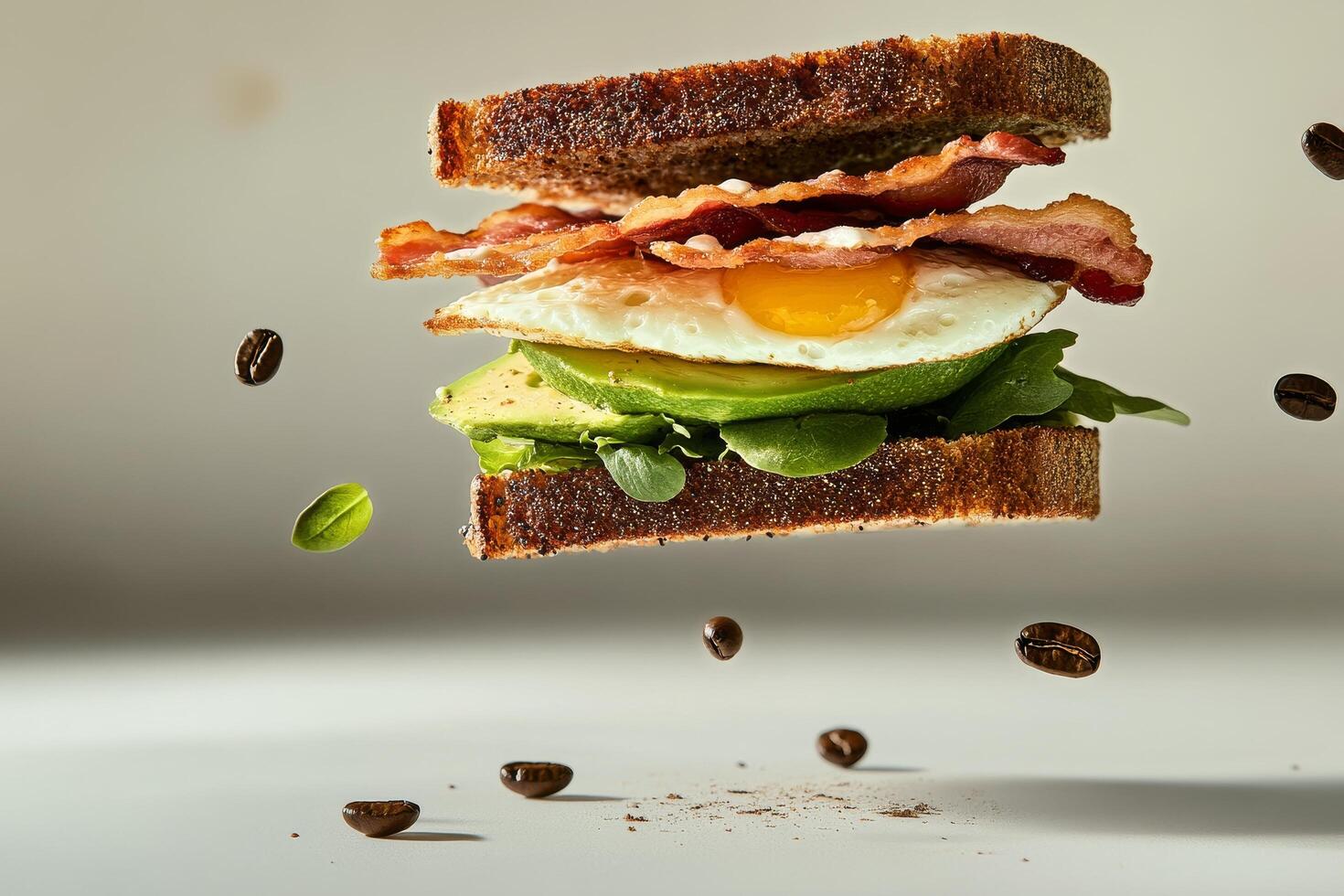 A sandwich with bacon, avocado and egg flying in the air photo