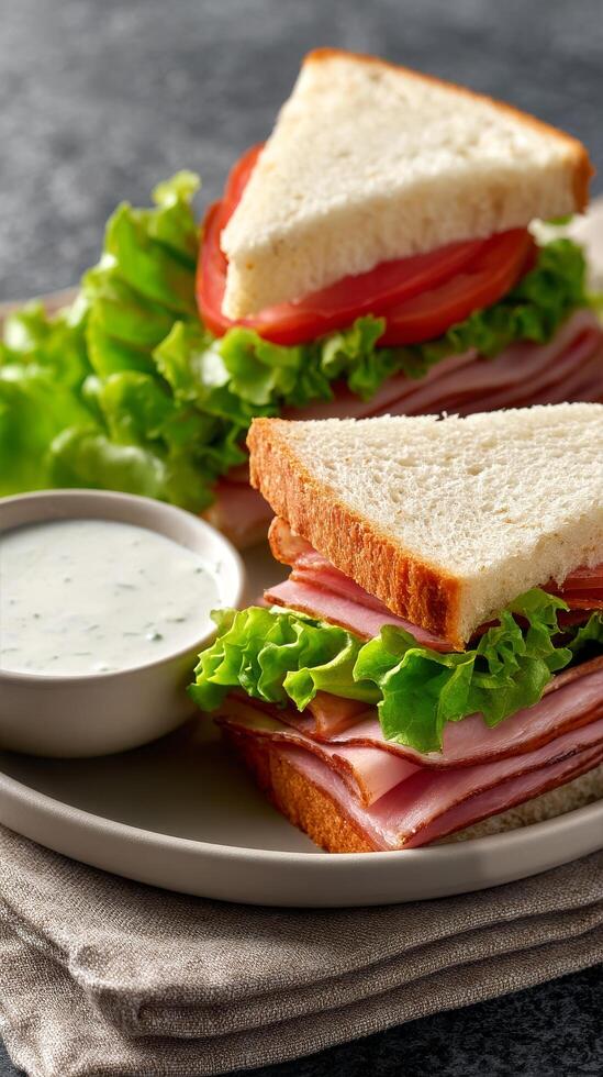 Ham and cheese sandwich with lettuce and tomato on a white plate photo