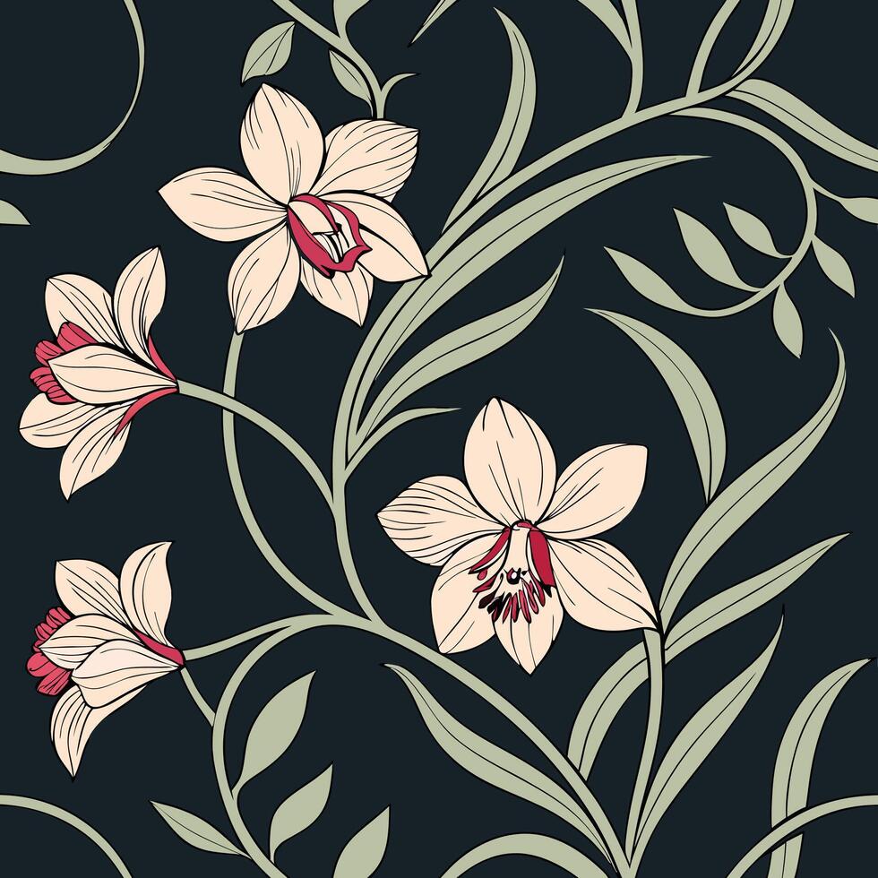 Elegant seamless orchid and vine pattern vector