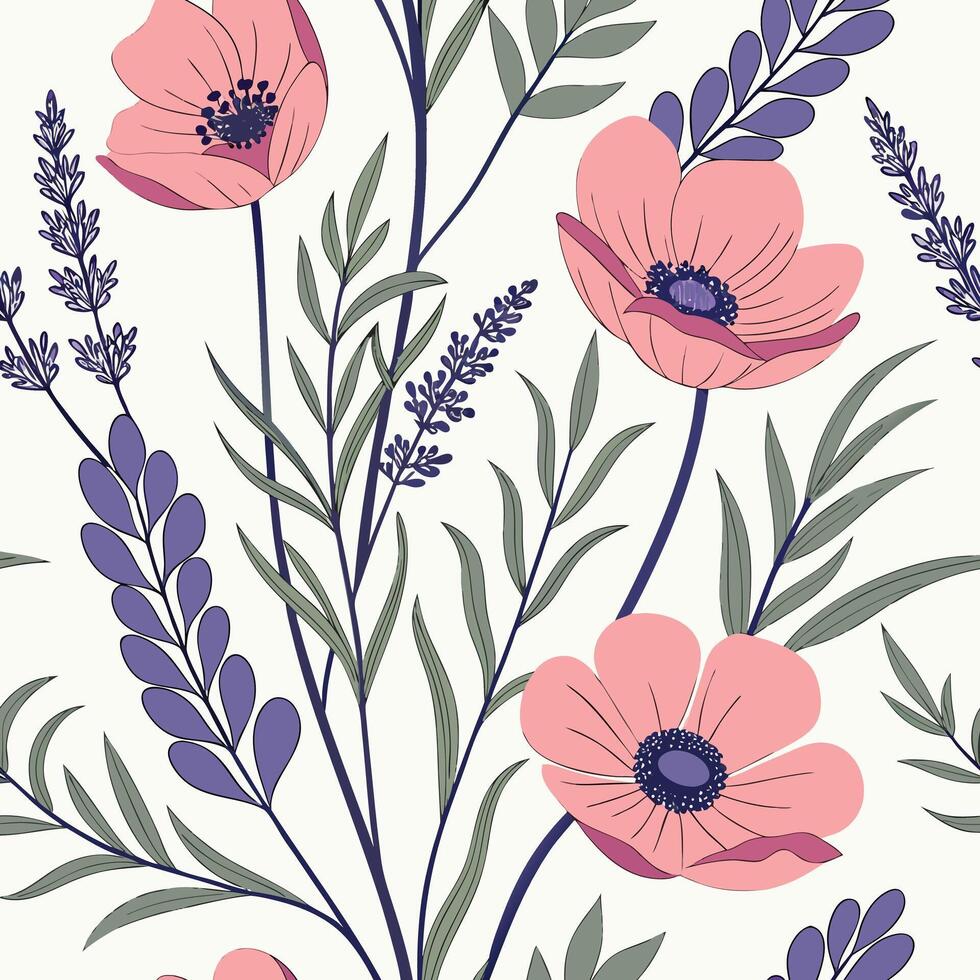 Seamless floral pattern with anemones and lavender vector