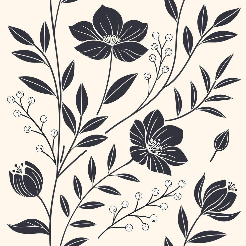 Minimalist Black Floral Pattern Seamless Design with Clean Lines vector