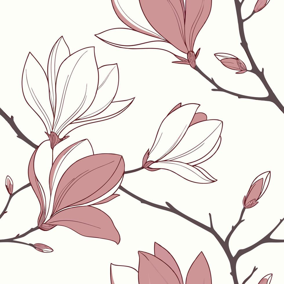 Seamless pattern of subtle pink magnolia blossoms vector