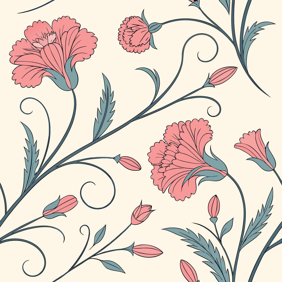 Seamless pattern of carnation flowers and curled petals vector