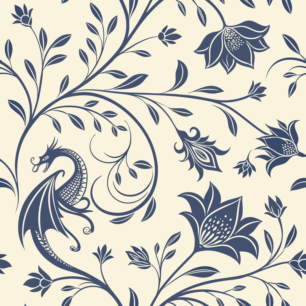 Seamless fantasy floral pattern with dragons and mythical creatures design vector