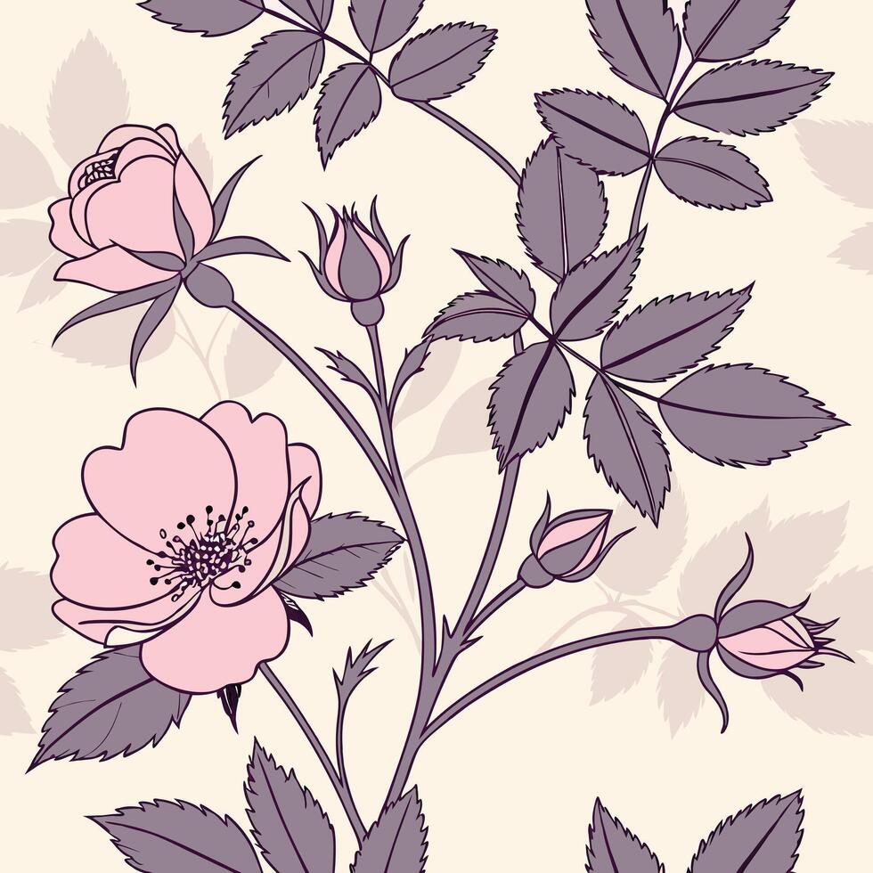 Seamless dreamy wild rose pattern with layered depth art vector